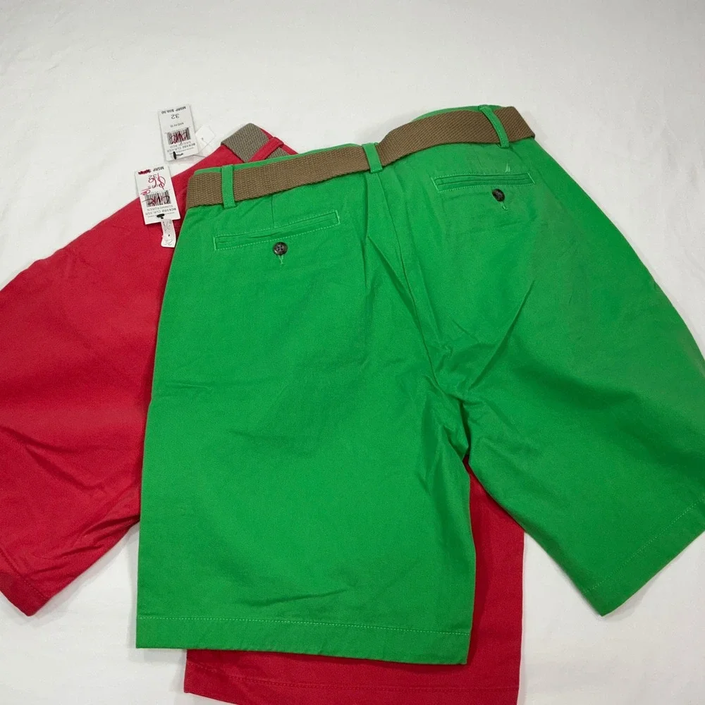 Nautica Mens 32 Chino Shorts 2 Pack Red Green Belted Flat Front BC6102 NEW